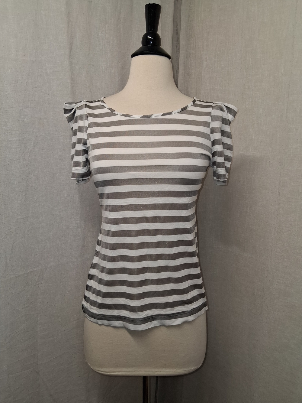 BCBGeneration Gray and White Striped Short-Sleeve Top